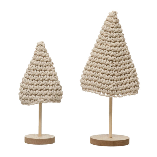 Cotton Crochet Trees with Wood Bases - Set of 2