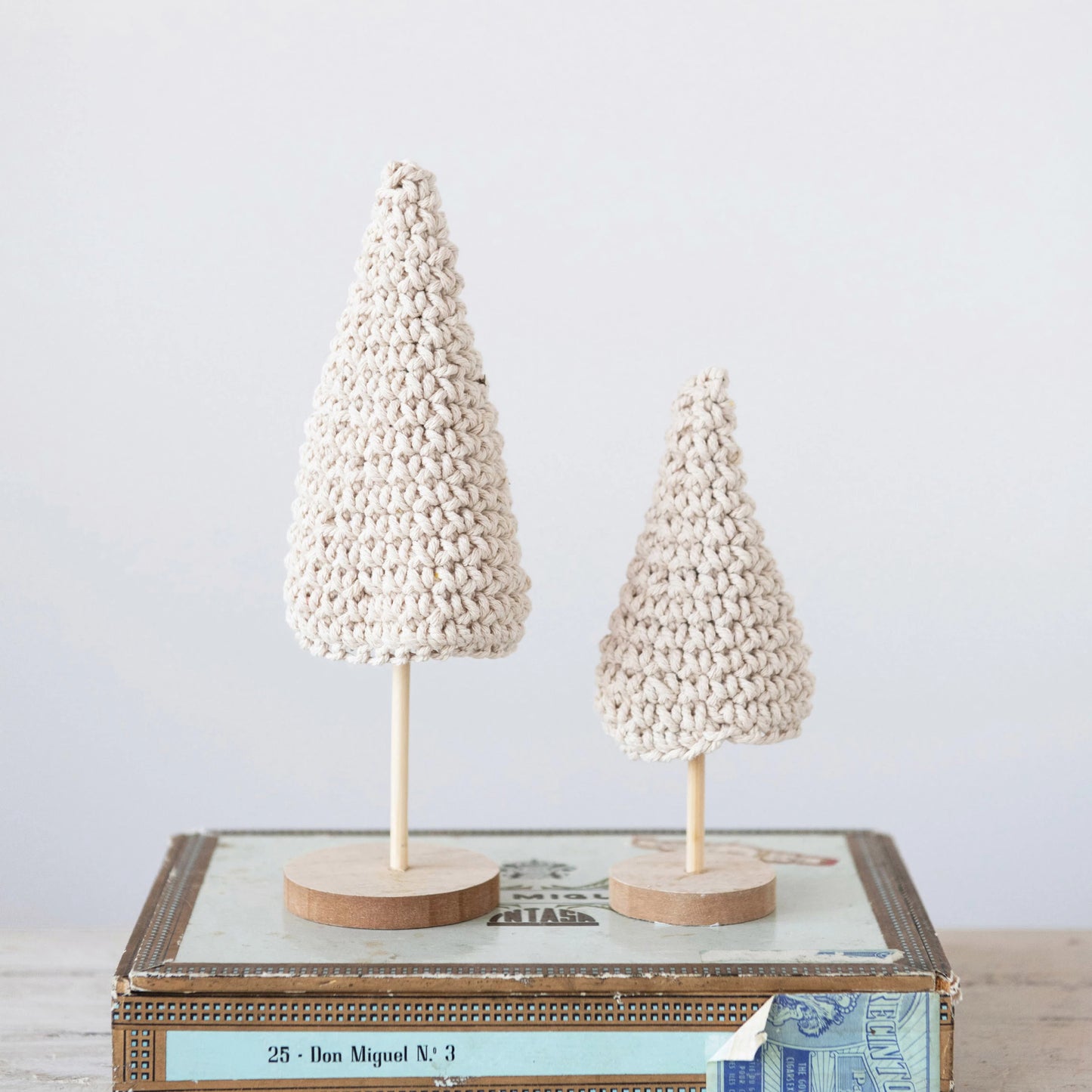 Cotton Crochet Trees with Wood Bases - Set of 2