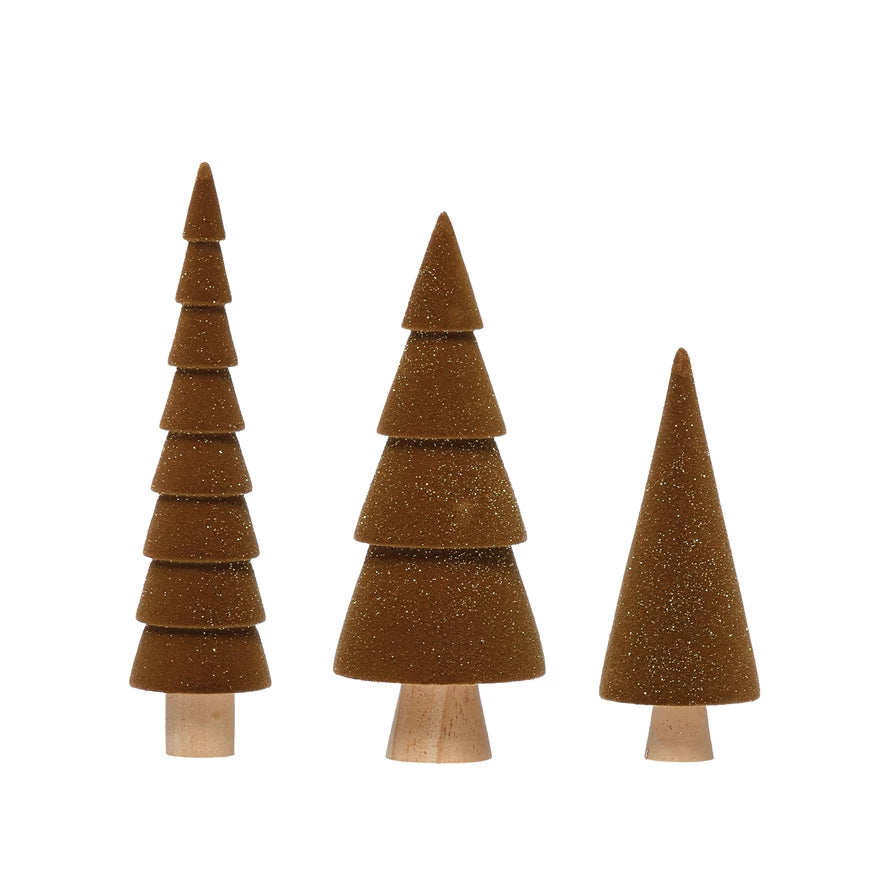 Flocked Wood Trees with Glitter, Brown, Set of 3