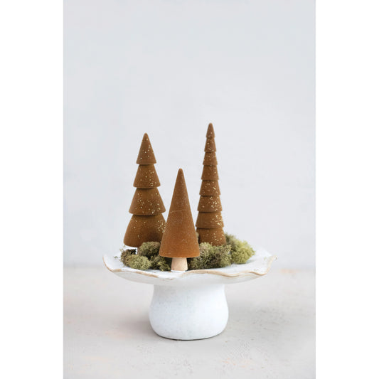 Flocked Wood Trees with Glitter, Brown, Set of 3